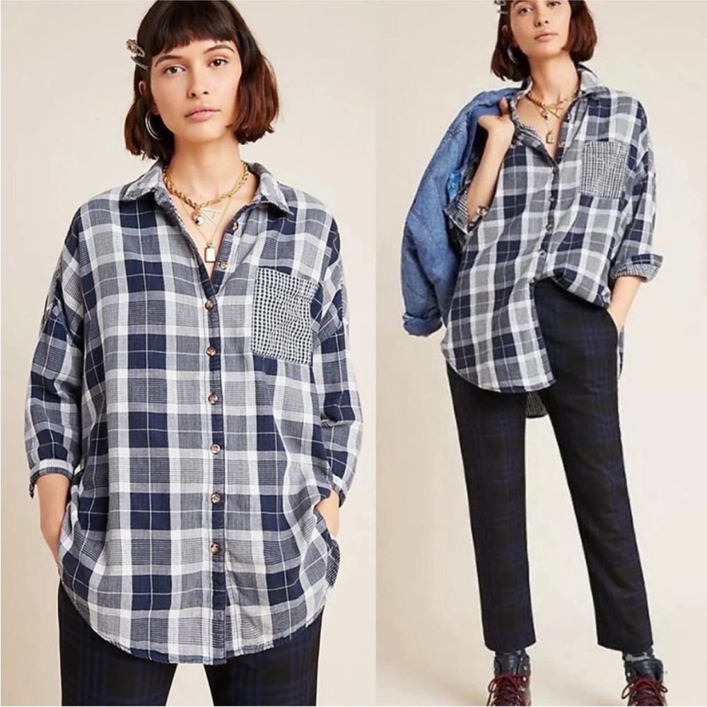 Anthropologie Pilcro Oversized Bo Boyfriend Plaid Button Down Shirt 3/4 sleeves